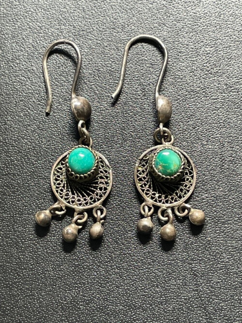 Vintage Egyptian 800 Silver Yemenite Filigree Dangle Earrings Eilat Stone Drops